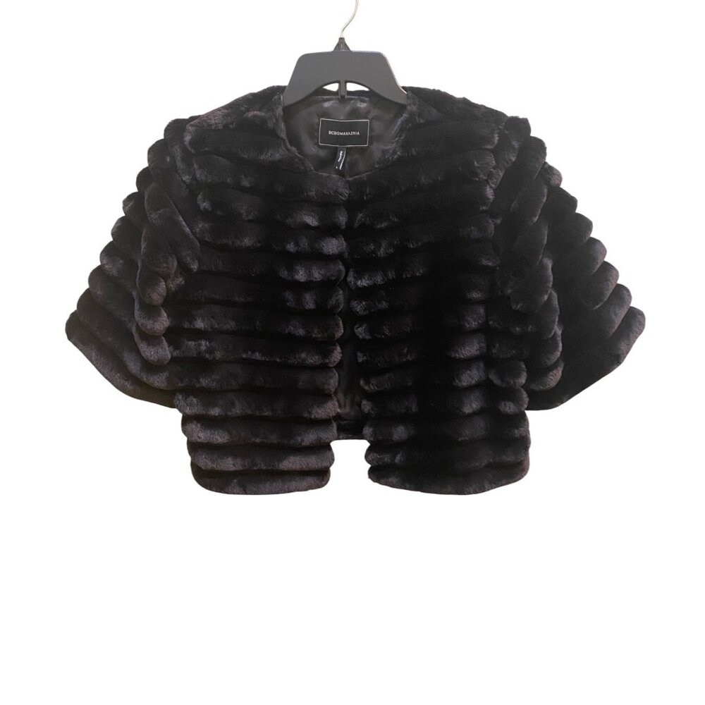 BCBGMAXAZRIA Faux Fur Elbow Length Shrug Black Size Large